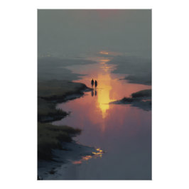 Silhouet Koppel Zonsondergang Stroom Reflectie Perfect Poster