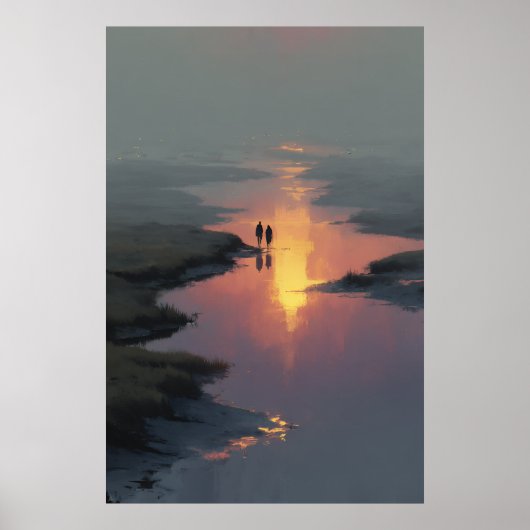 Silhouet Koppel Zonsondergang Stroom Reflectie Poster (Voorkant)