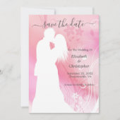 Silhouet kuspend stel roze witte bloemen save the date (Voorkant)
