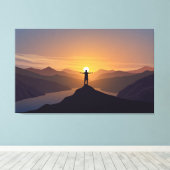 Silhouet man op de berg canvas afdruk (Insitu (Houten vloer))