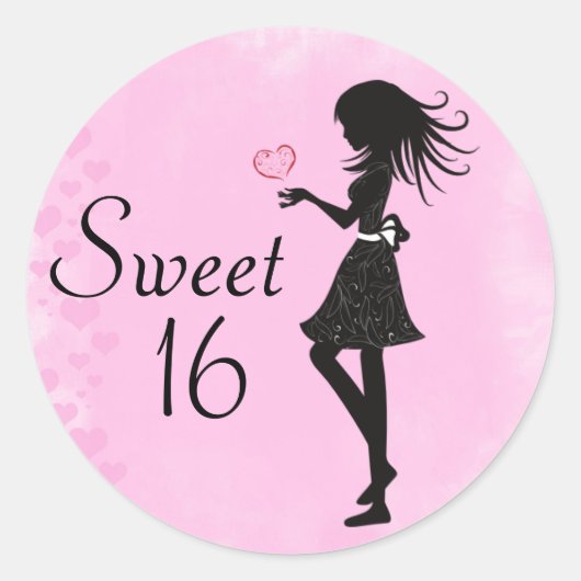Silhouet Meisje en Harten Sweet 16 Roze - Zwart Ronde Sticker (Voorkant)