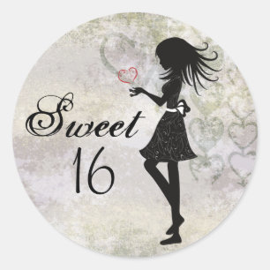 Silhouet Meisje en harten Sweet 16 Verjaardag Ronde Sticker