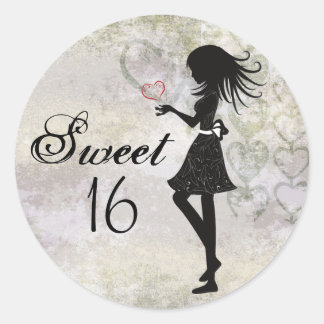 Silhouet Meisje en harten Sweet 16 Verjaardag Ronde Sticker