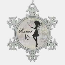 Silhouet meisje en harten zoet 16 tin sneeuwvlok ornament