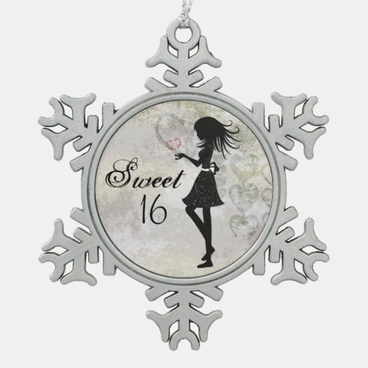 Silhouet meisje en harten zoet 16 tin sneeuwvlok ornament (Voorkant)