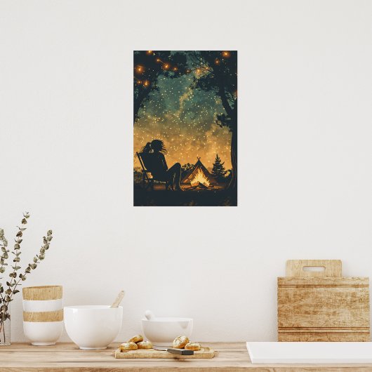 Silhouet meisje nacht camping avontuur poster (Keuken)
