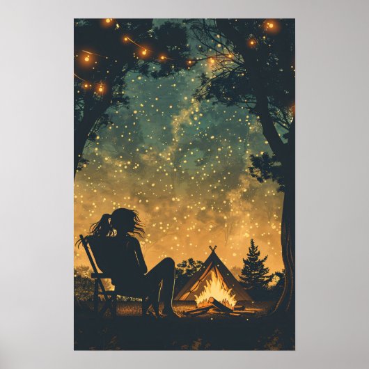 Silhouet meisje nacht camping avontuur poster (Voorkant)