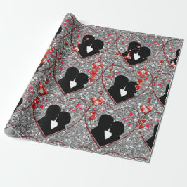 Silhouet Paar Rood Hart Droplets Zilver Cadeaupapier