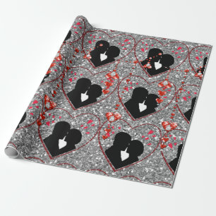 Silhouet Paar Rood Hart Droplets Zilver Cadeaupapier