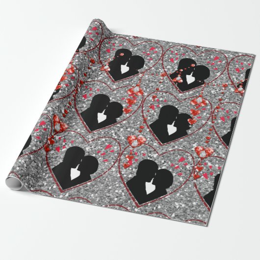 Silhouet Paar Rood Hart Droplets Zilver Cadeaupapier (Uitgerold)