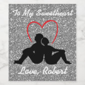 Silhouet Paar Zittend Rood Hart Zilver Wijn Etiket (Enkel label)