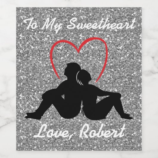 Silhouet Paar Zittend Rood Hart Zilver Wijn Etiket (Enkel label)