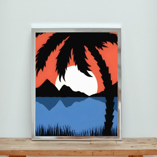 Silhouet palmboom bij zonsondergang schilderij foto afdruk