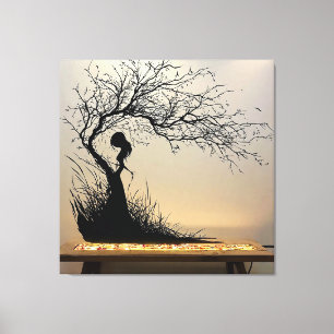 Silhouet scène van vrouw met natuurthema canvas afdruk