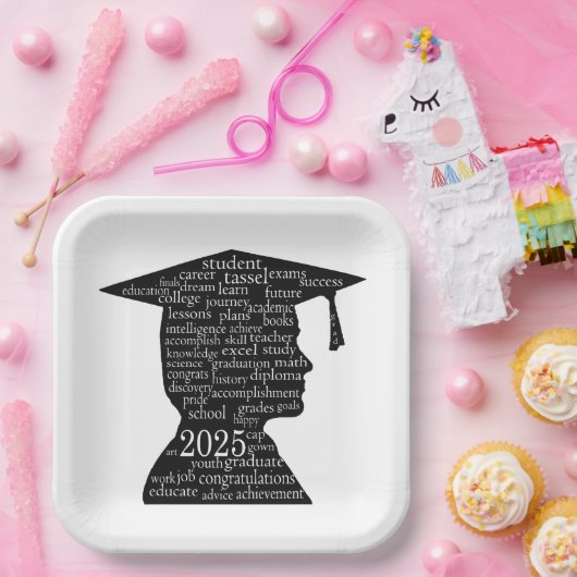 Silhouet van 2025 Boy Afstuderen op wit Papieren Bordje (Feest)