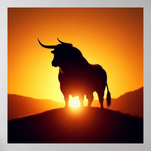 Silhouet van Bull en Sunset Poster (Voorkant)