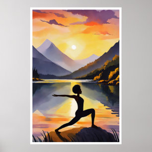 Silhouet van een Afrikaanse dame die Yoga doet bij Poster