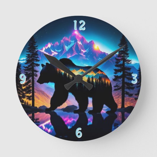 Silhouet van een Beer met Natuur landschap Ronde Klok (Voorkant)