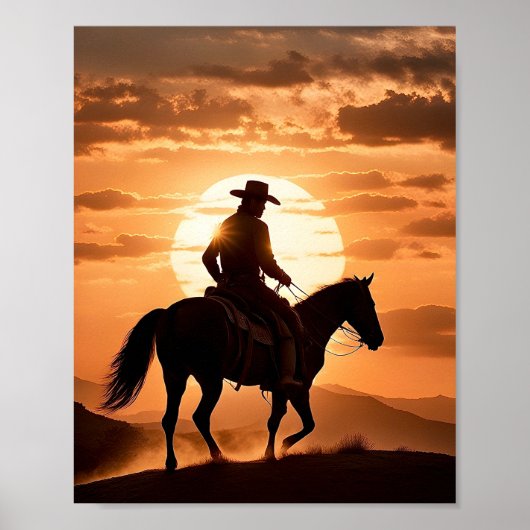 Silhouet van een cowboy te paard bij zonsondergang poster (Voorkant)