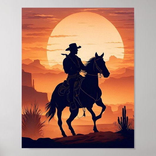 Silhouet van een cowboy te paard in de woestijn poster (Voorkant)