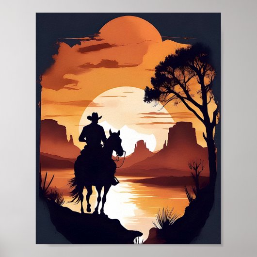 Silhouet van een cowboy te paard in Desert Post Poster (Voorkant)