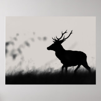 Silhouet van een edelhert in nevel – Zwart en Wit Poster
