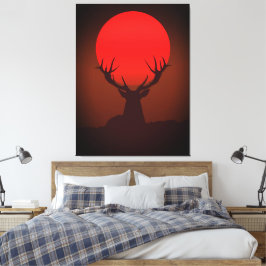 Silhouet van een hert met vurige rode zonsondergan canvas afdruk