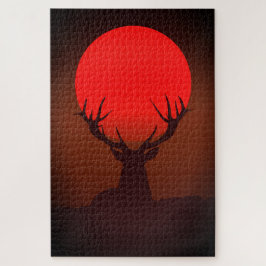Silhouet van een hert met vurige rode zonsondergan legpuzzel