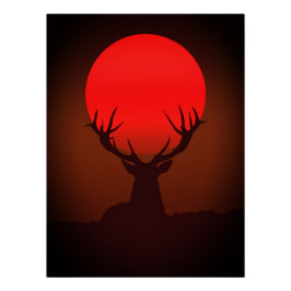 Silhouet van een hert met vurige rode zonsondergan perfect poster