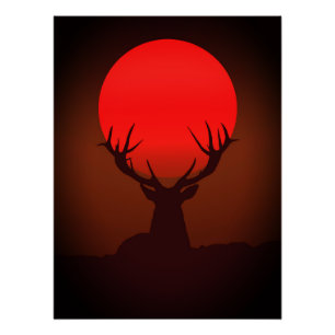 Silhouet van een hert met vurige rode zonsondergan perfect poster