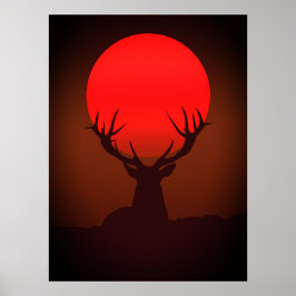 Silhouet van een hert met vurige rode zonsondergan poster