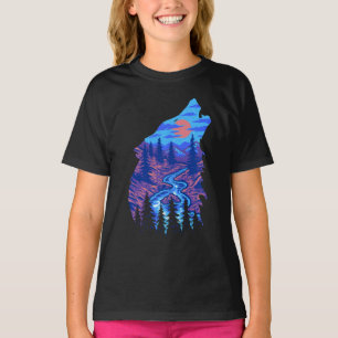 Silhouet van een huilende wolf bos rivier landscha t-shirt