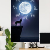Silhouet van een husky die huilt op een klif poster (Thuiskantoor)