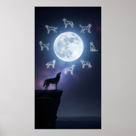 Silhouet van een husky die huilt op een klif poster
