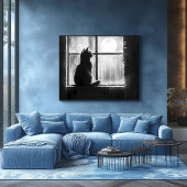 Silhouet van een kat bij het raam in het maanlicht poster