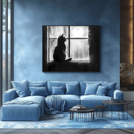 Silhouet van een kat bij het raam in het maanlicht poster