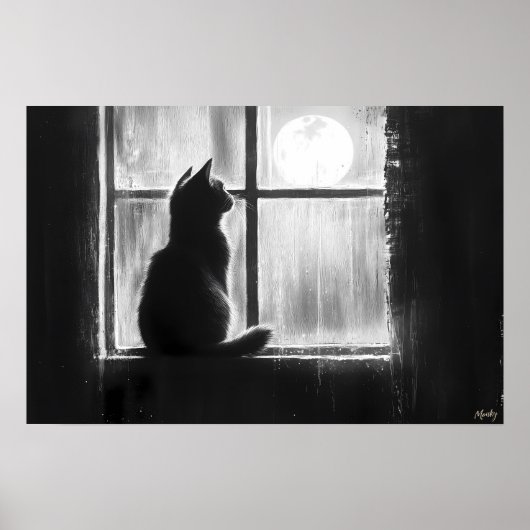 Silhouet van een kat bij het raam in het maanlicht poster (Voorkant)