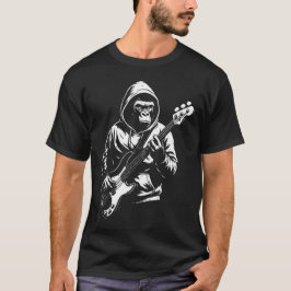 Silhouet van een met kap bedekte makaak die basgit t-shirt