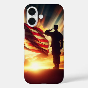 Silhouet van een saluerende Amerikaanse soldaat iPhone 16 Hoesje