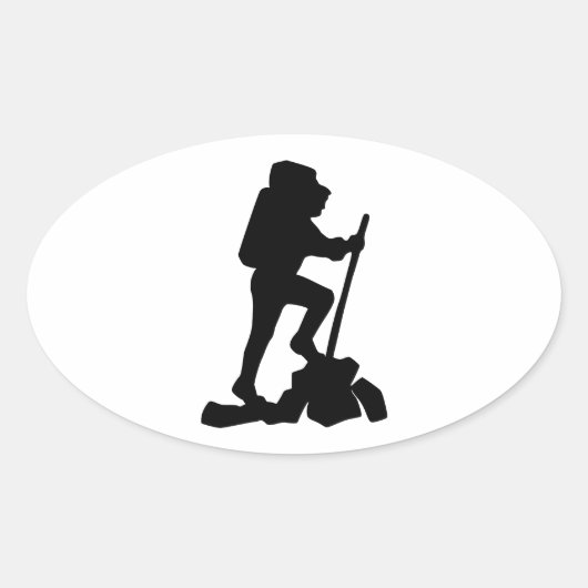 Silhouet van een wandelaar Hiking Up a Mountain Ovale Sticker (Voorkant)