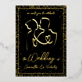 Silhouet van geliefden op zwart & goud bruiloft folie uitnodiging