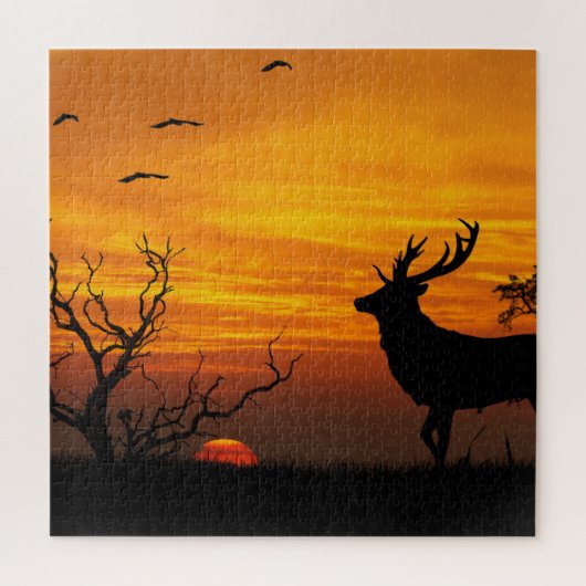 Silhouet van herten bij zonsondergang legpuzzel (Verticaal)