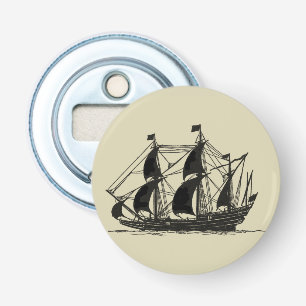 Silhouet van het schip met de volgende zeilen button flesopener