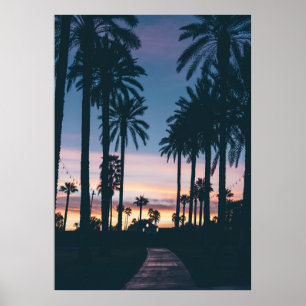 Silhouet van huizen naast palmbomen en paden poster