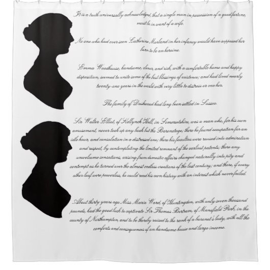 Silhouet van Jane Austen & openingsregels van haar Douchegordijn (Voorkant)
