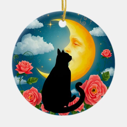 Silhouet van kat die voor maan zit keramisch ornament (Voorkant)