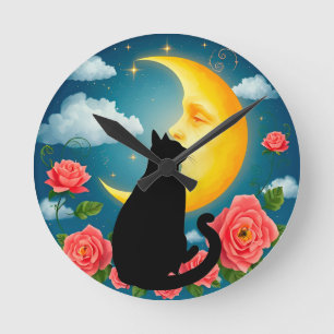 Silhouet van kat die voor maan zit ronde klok