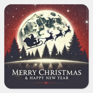 Silhouet van Kerstman en rendieren in de vlucht Vierkante Sticker