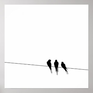 Silhouet van merels op een draad poster