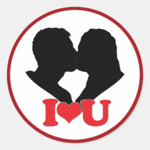 Silhouet van Paar Kussen Met "I ♥ U" Ronde Sticker